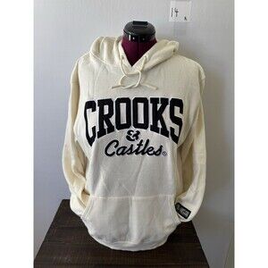 Crooks & Castles Pullover Hoodie XL Cream Embroidered Logo Streetwear Sweatshirt